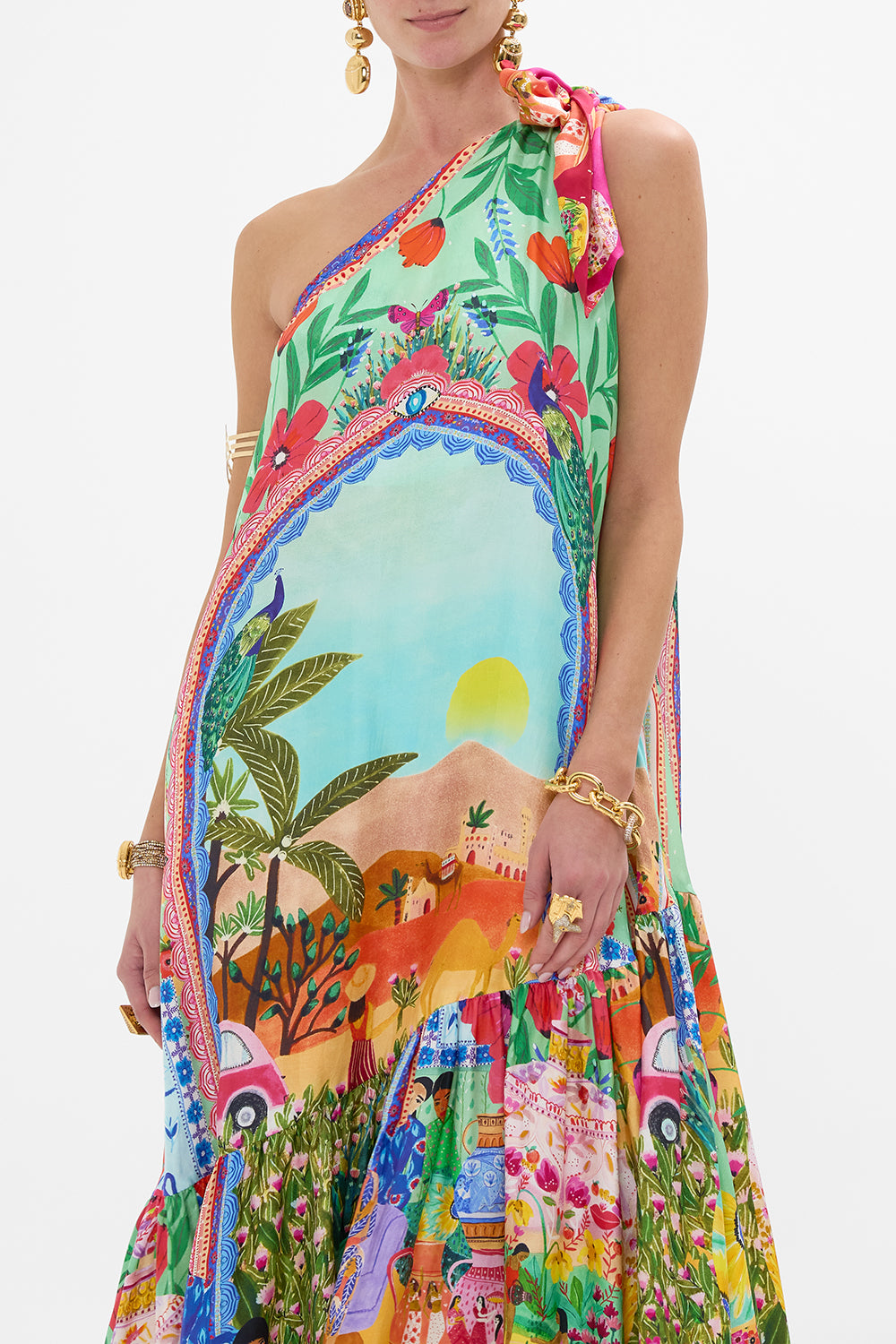 CAMILLA Tie One Shoulder Dress in Queens of Creation print. 