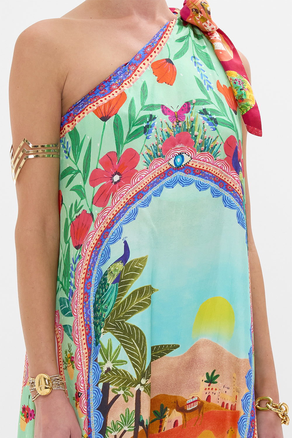 CAMILLA Tie One Shoulder Dress in Queens of Creation print. 