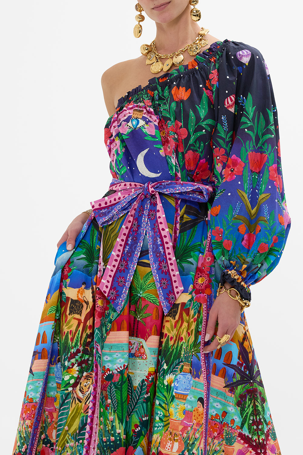 CAMILLA One Shoulder Dress With Blouson Sleeve in Midnight Muses print. 