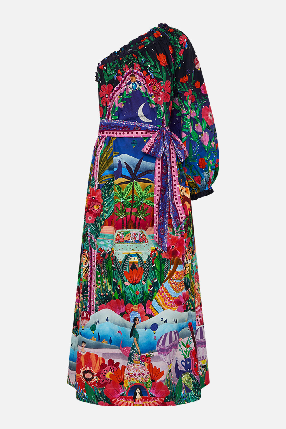 CAMILLA One Shoulder Dress With Blouson Sleeve in Midnight Muses print. 