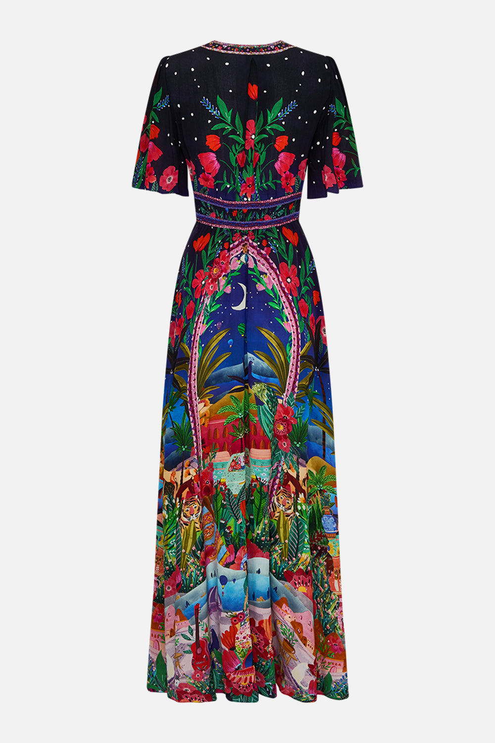 CAMILLA Shaped Waistband Dress with Flutter Sleeves in Midnight Muses print