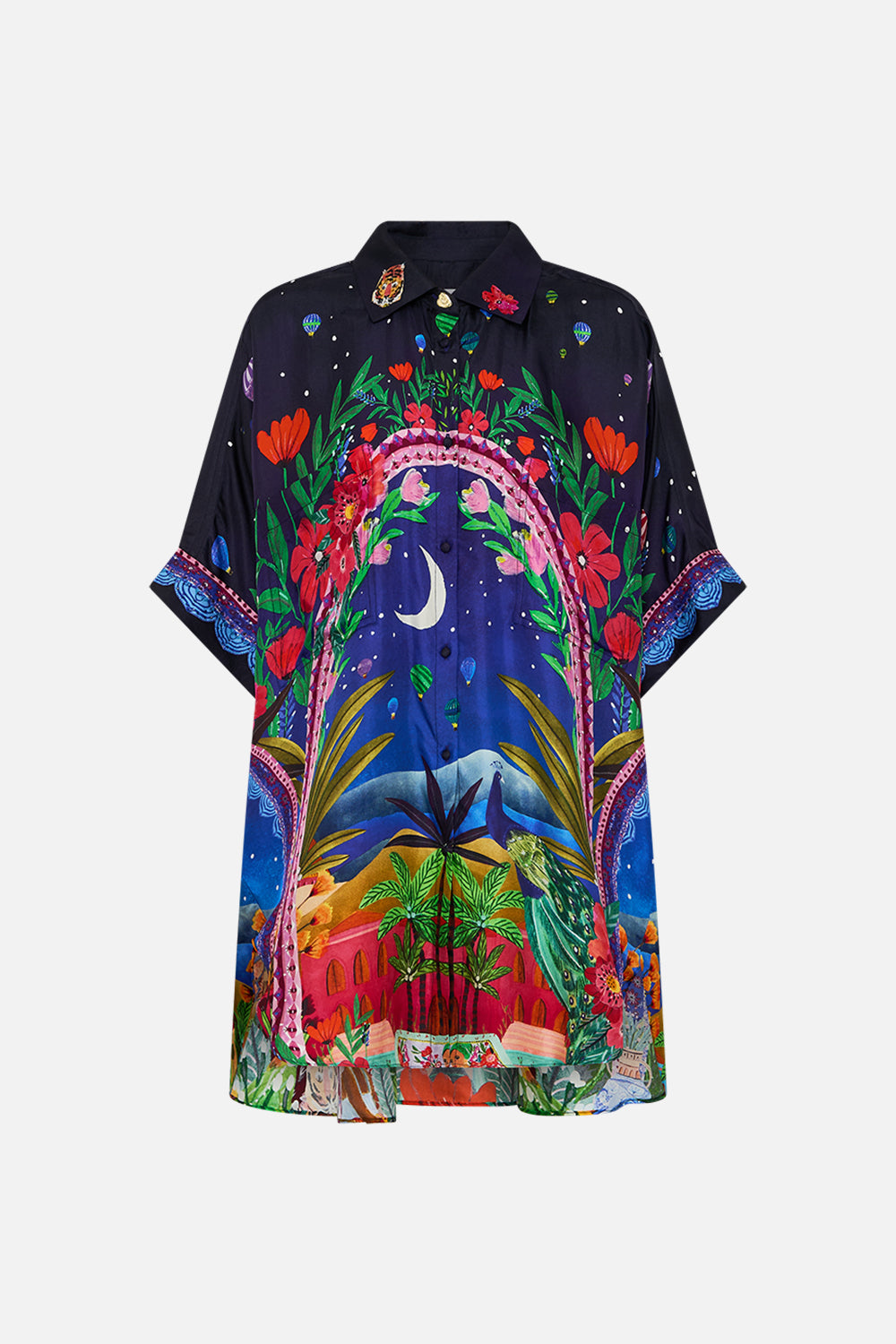 CAMILLA Oversized Pocket Tunic in Mdinight Muses print. 