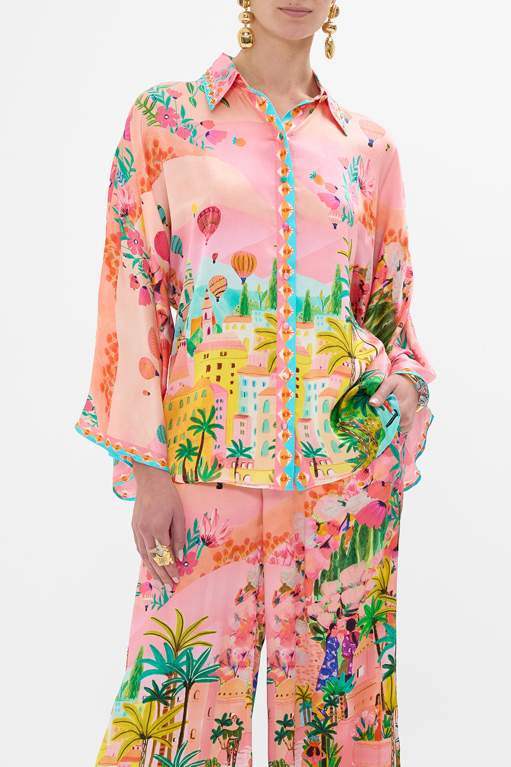 CAMILLA Wide Sleeve Blouse in Sister Sunet print. 