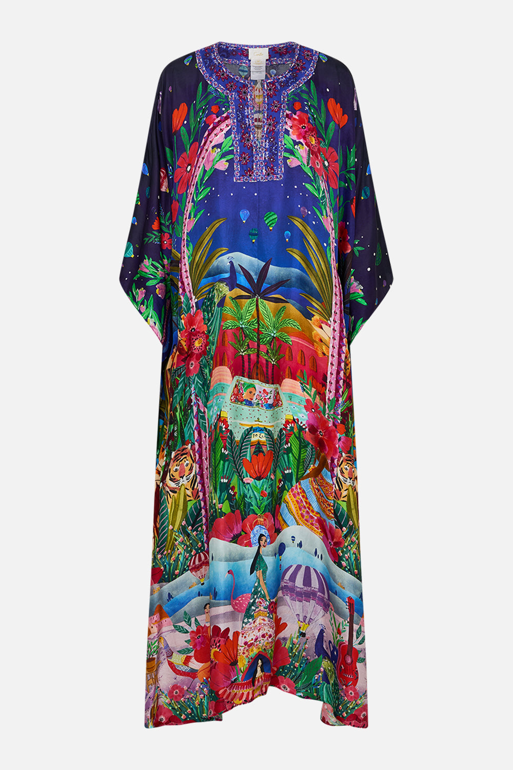 CAMILLA V Neck Kaftan With Front Welt Pockets in Midnight Muses print. 