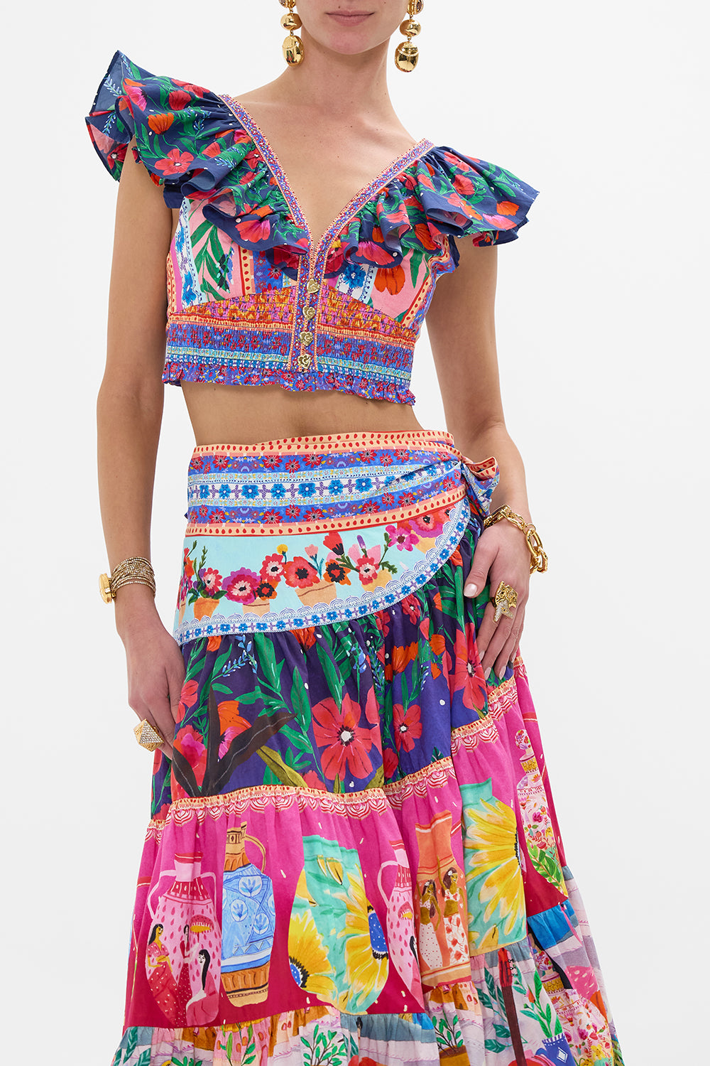 CAMILLA Deep V Frill Short Sleeve Top in Roeqiyas Realm print. 