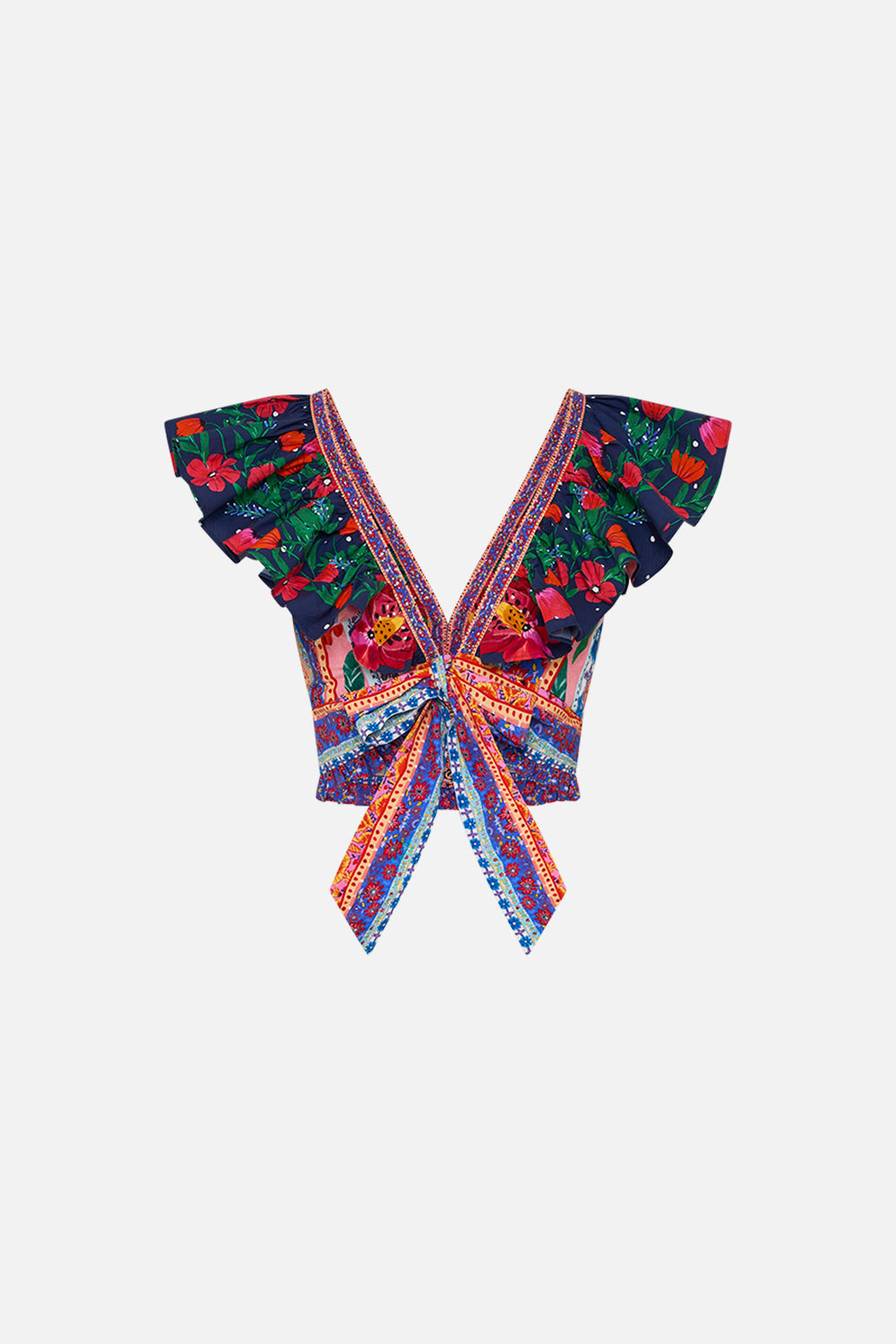 CAMILLA Deep V Frill Short Sleeve Top in Roeqiyas Realm print. 