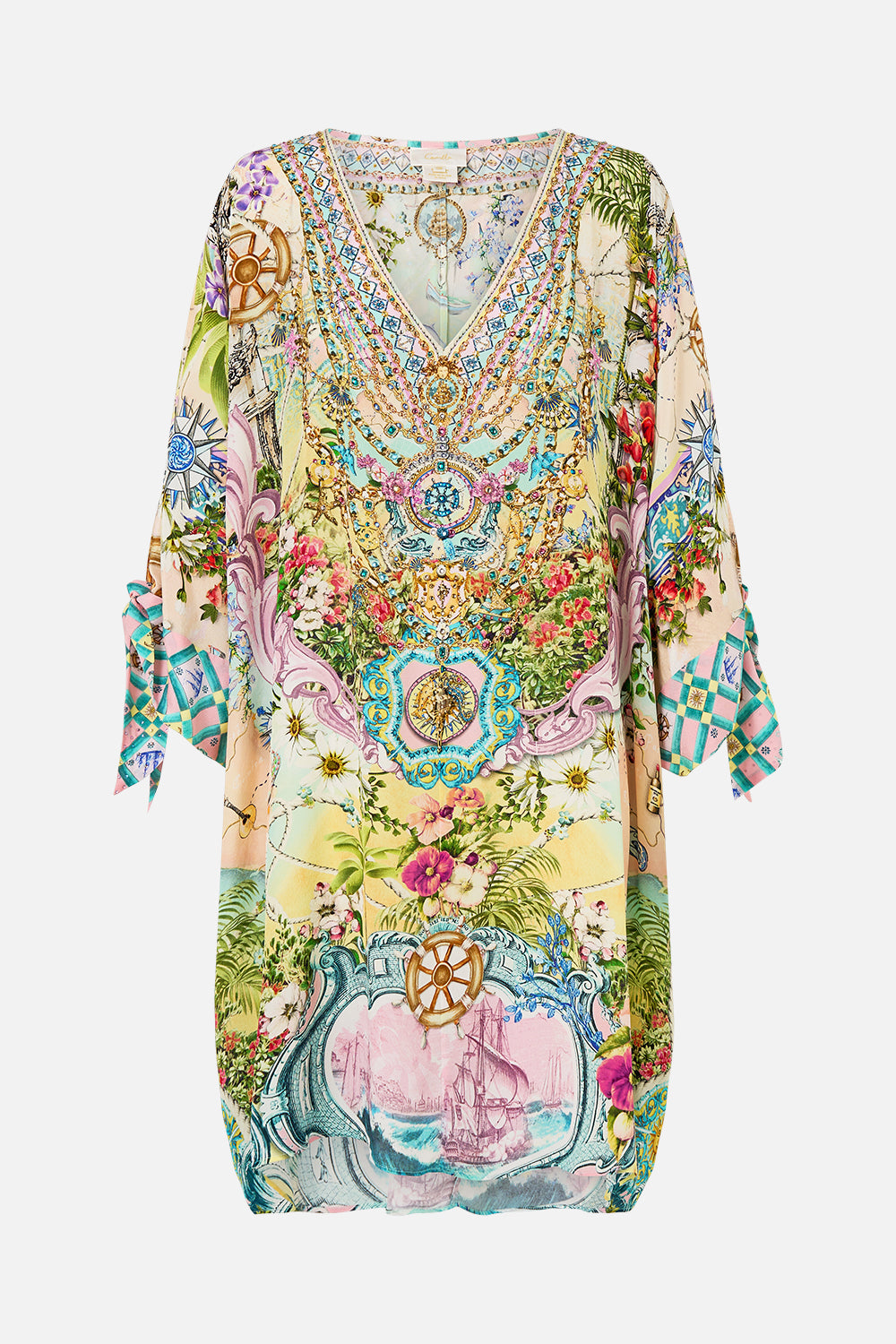 The CAMILLA Tie Sleeve Short V Neck Kaftan in our Just Coasting print.