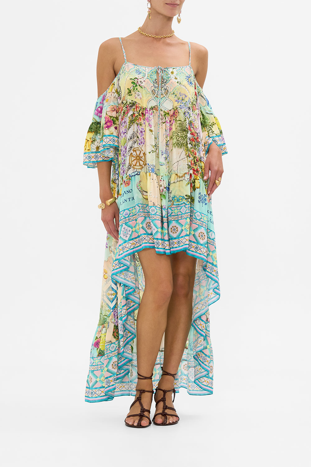 The CAMILLA Cold Shoulder High Low Dress in our Just Coasting print.