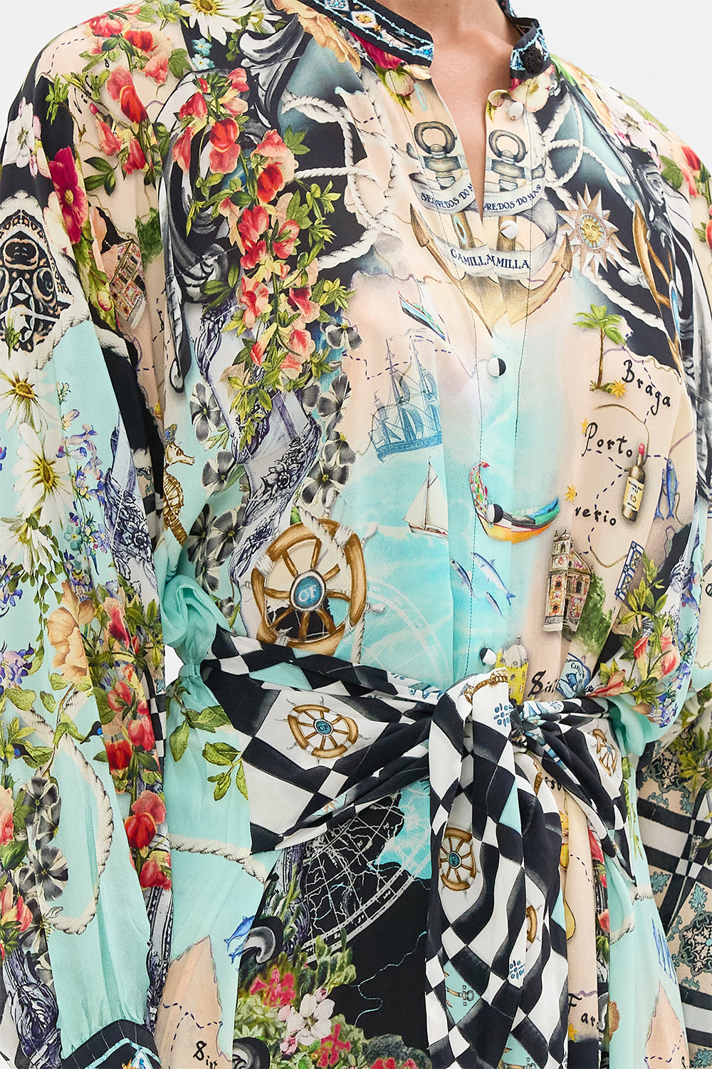 The CAMILLA Tiered Shirtdress With Wide Waist Tie in our Folk Afloat print.