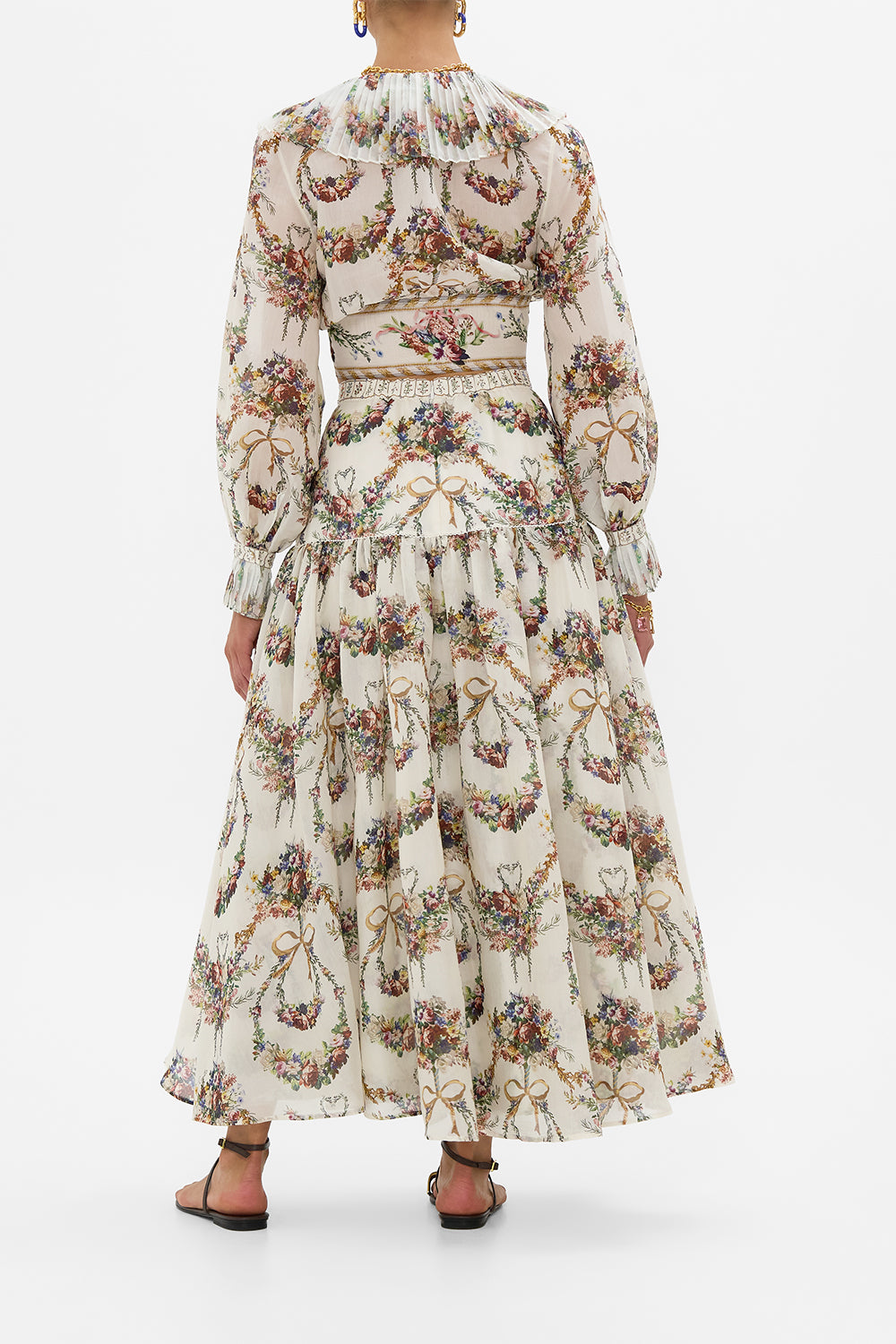 The CAMILLA Cropped Wrap Top With Pleated Detail in our Dressing Room Drama print.