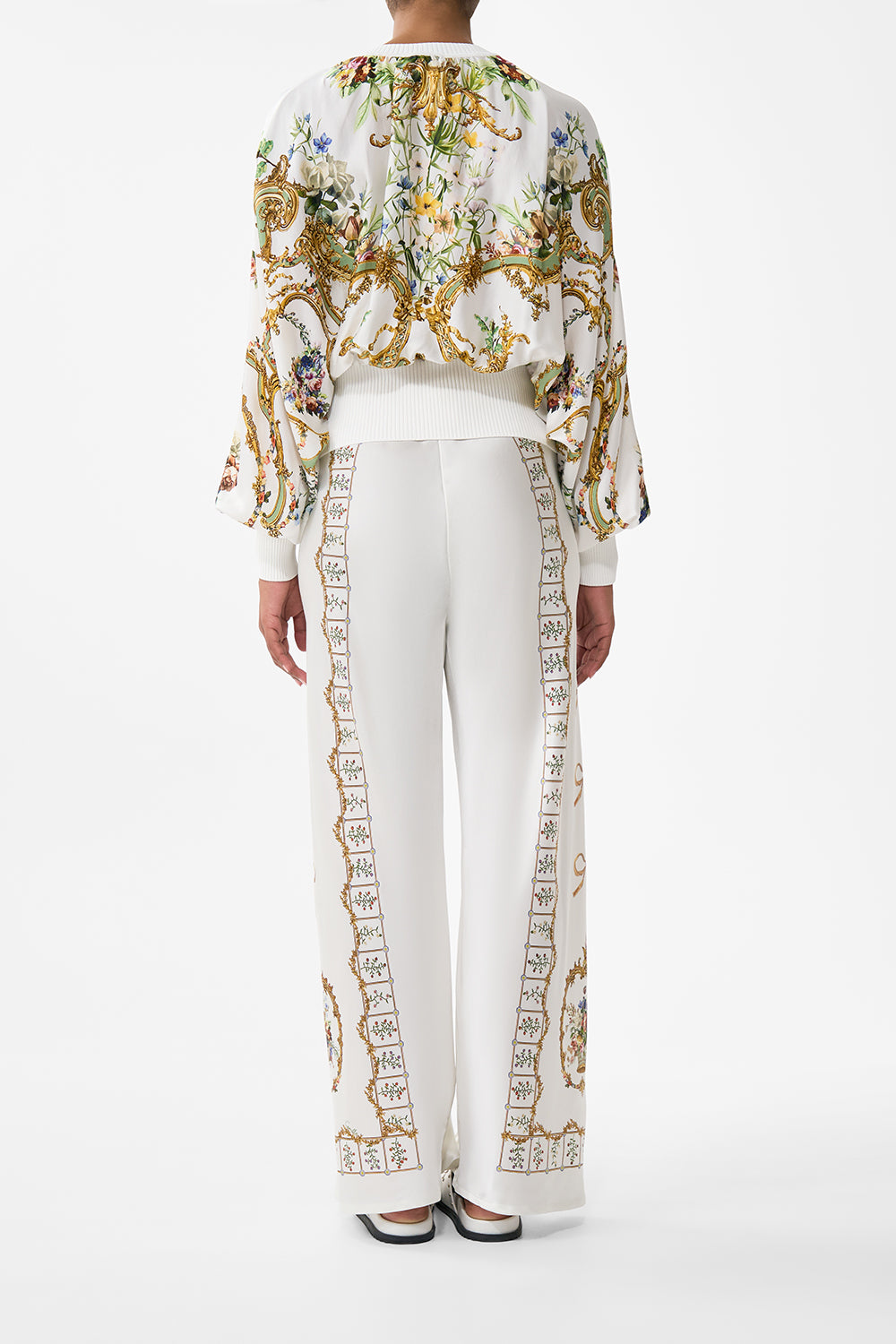 The CAMILLA Bias Cut Drawstring Pant in our Dressing Room Drama print.