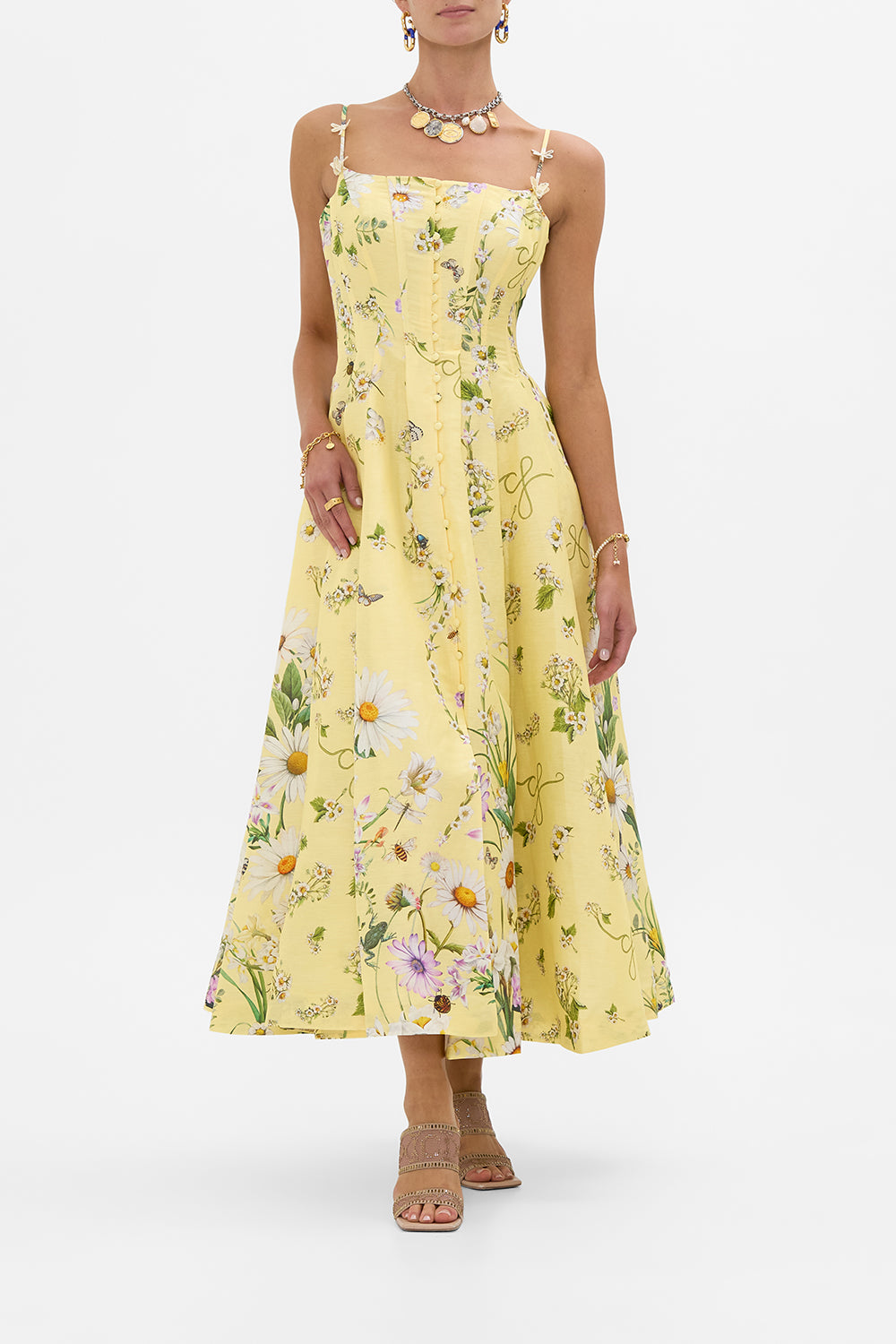The CAMILLA Corset Dress With Long Flared Skirt in our Daisy Chains print.