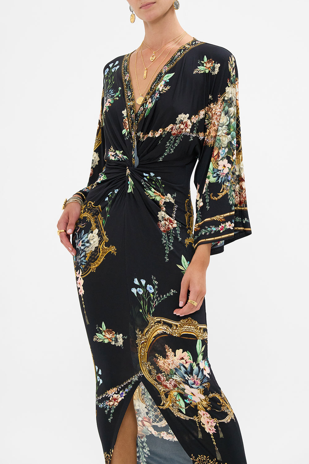 The CAMILLA Long Split Front Twist Dress in our Noble Endeavours print.