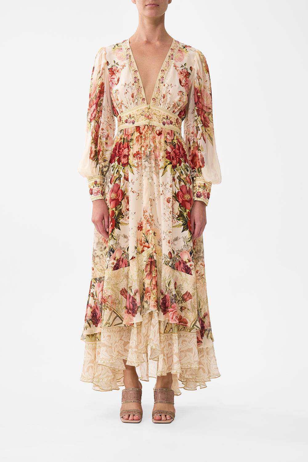 The CAMILLA Long Button Front Dress in our Meet Me At The Majestic print.