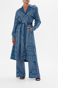 CAMILLA Desert Reign Longline Belted Trench Coat in Denim print