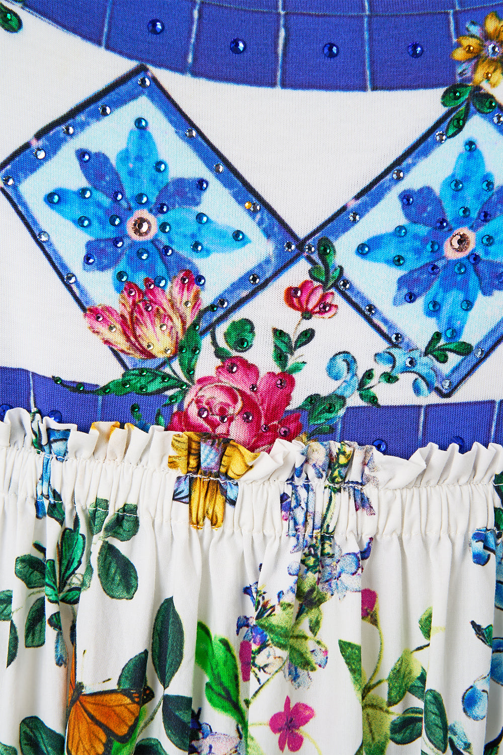 The CAMILLA Long Dress With Jersey Bodice in our Tiles Darls print.