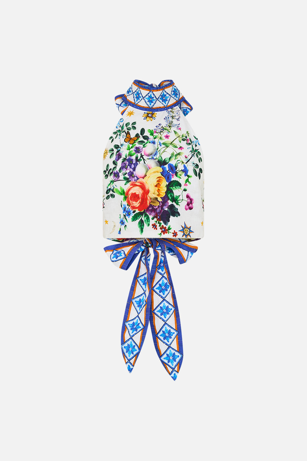 The CAMILLA Halter Tie Back Top in our Tiles Darls print.