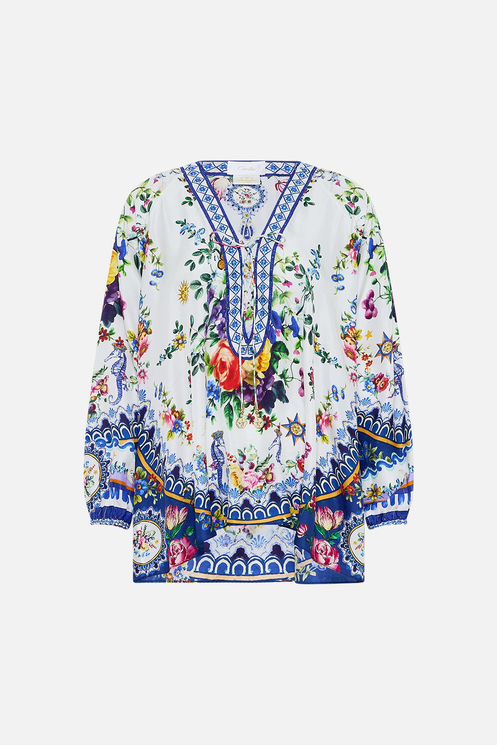 The CAMILLA Lace Up Blouse in our Tiles Darls print.