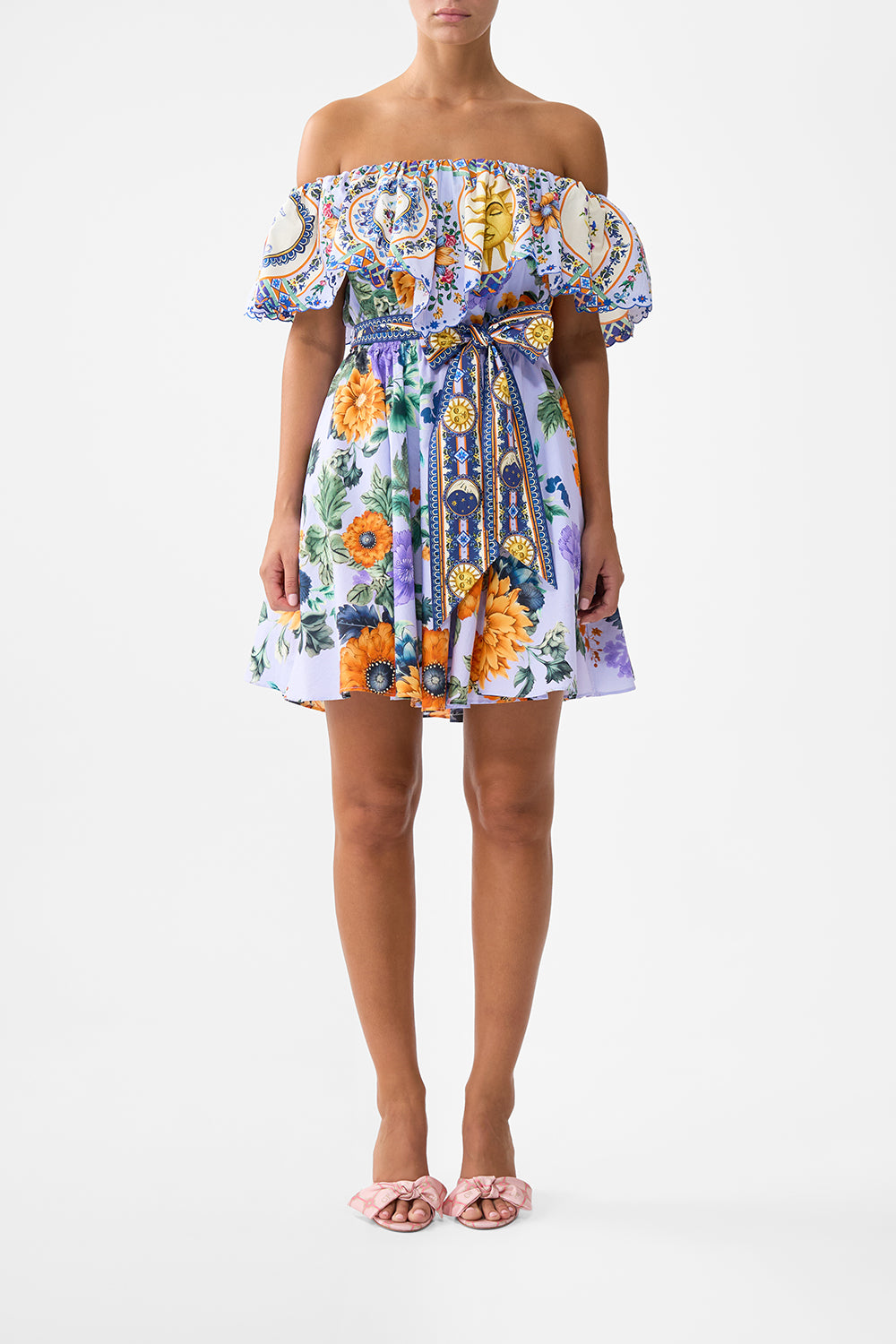 The CAMILLA Shoulder Frill Short Dress in our Luscious In Lisbon print.