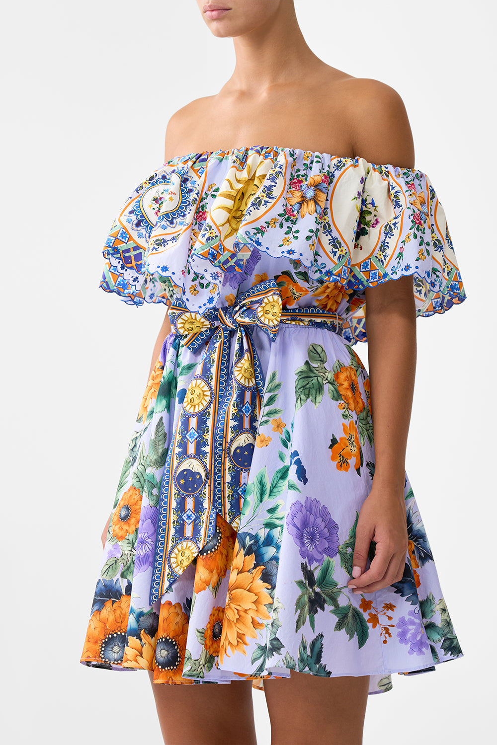 The CAMILLA Shoulder Frill Short Dress in our Luscious In Lisbon print.