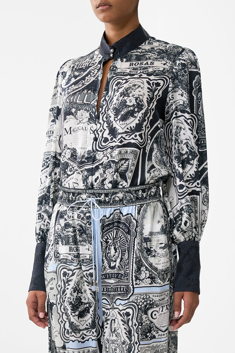 The CAMILLA Blouson Sleeve Blouse With Button Collar in our Perfumed In Porto print.