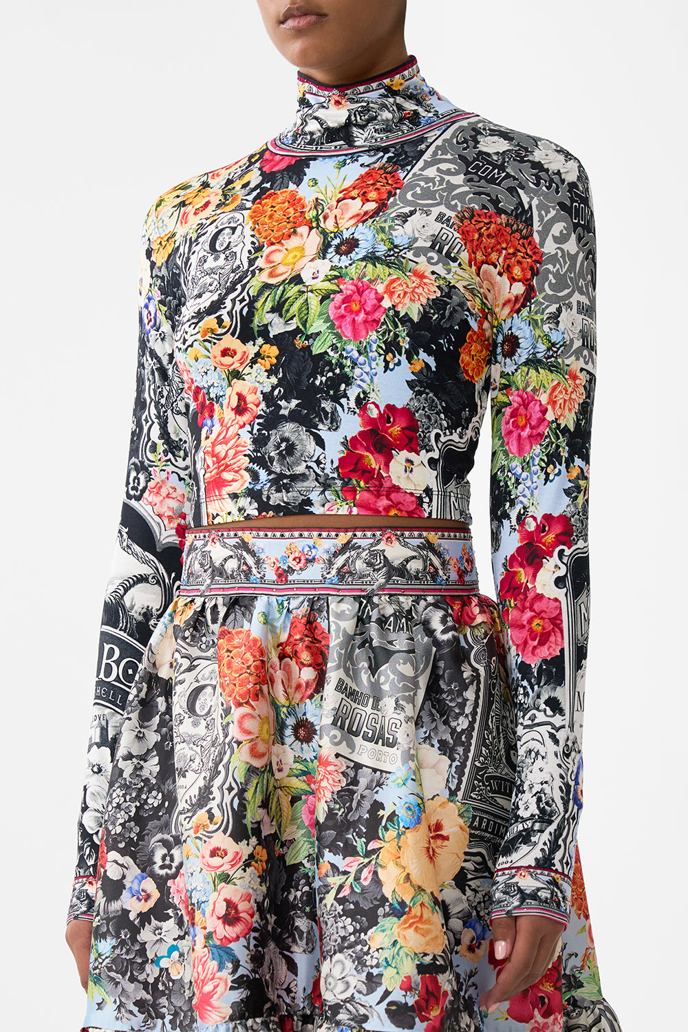 The CAMILLA Cropped Jersey Turtleneck in our Flower Showers print.