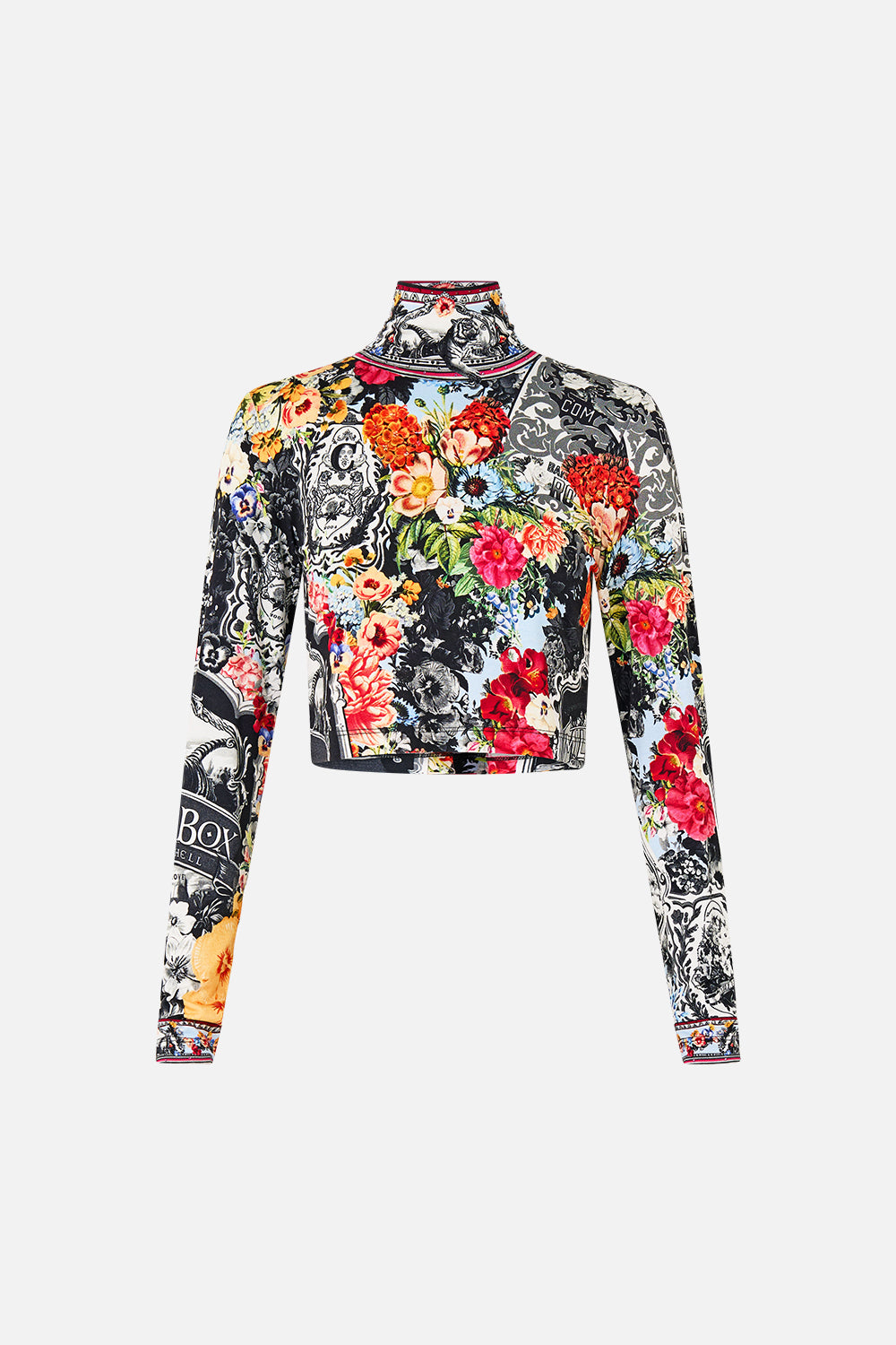 The CAMILLA Cropped Jersey Turtleneck in our Flower Showers print.