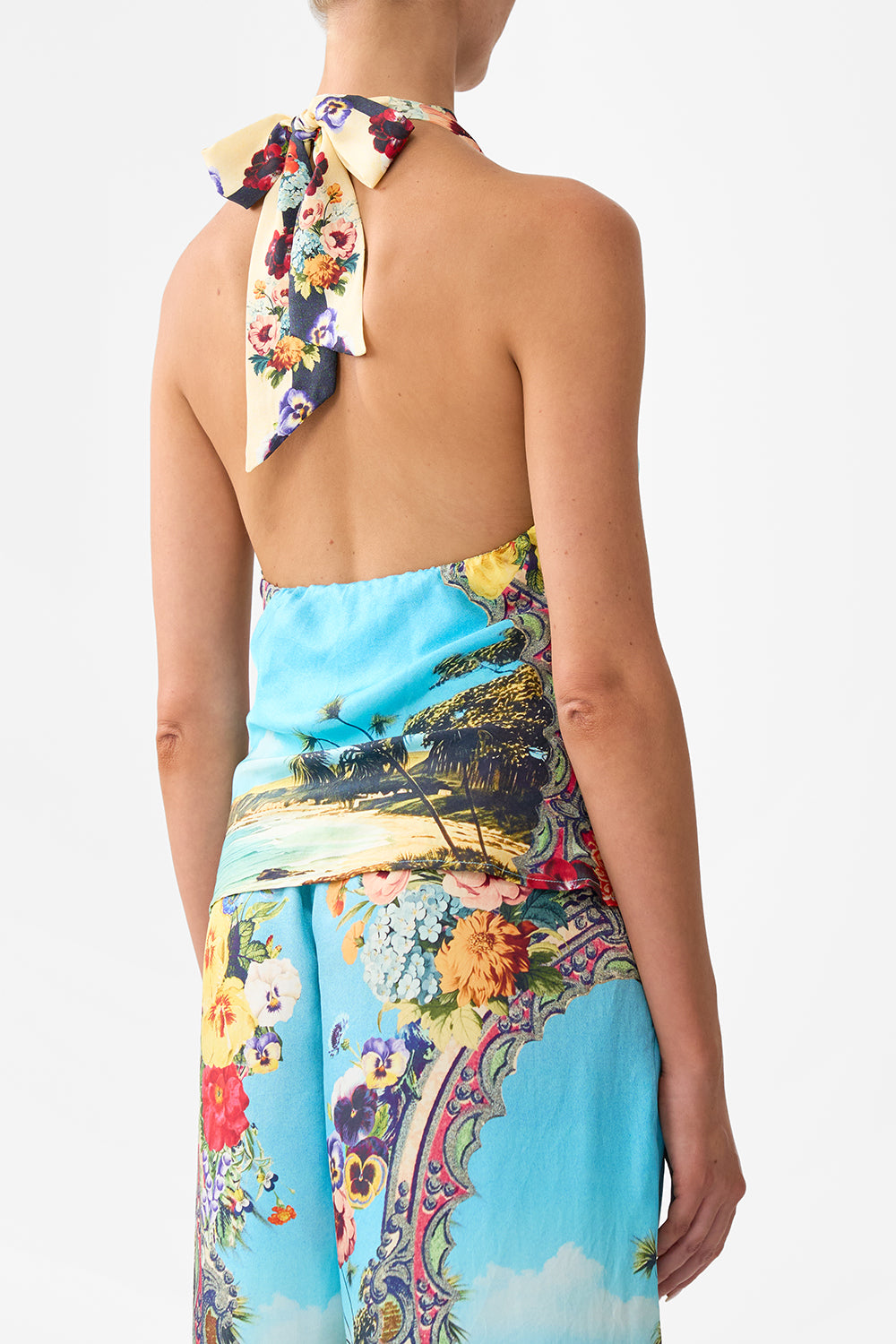 The CAMILLA Cowl Neck Halter Top in our Bathing Bombshell print.