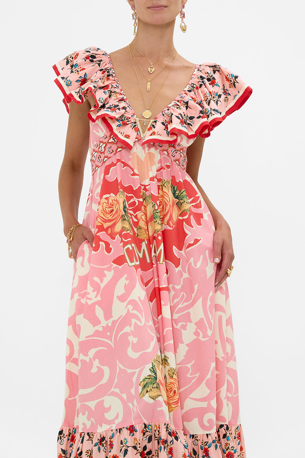 The CAMILLA Frill Neck Dress With Hardware in our Pink Porto print.