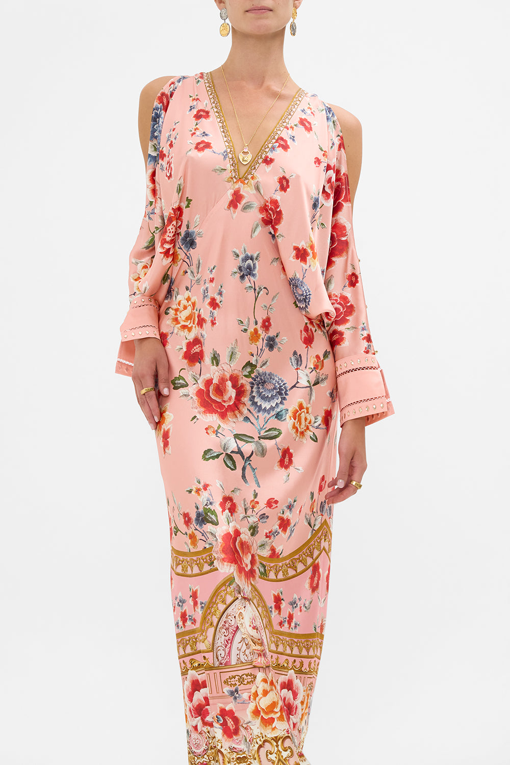 The CAMILLA Plunge Neck Draped Shoulder Dress in our Majestic Milla print.