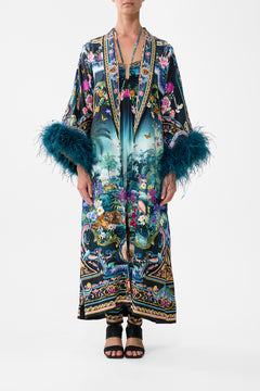 The CAMILLA Long Robe With Narrow Collar And Feathers in our Basked In Baroque print.