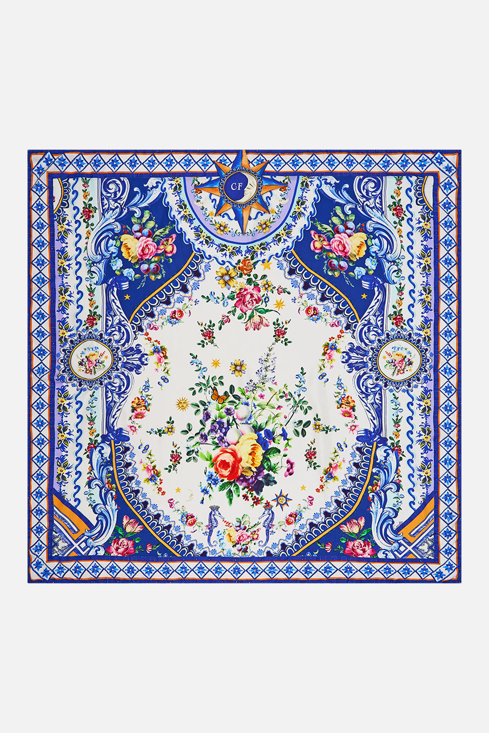 The CAMILLA Large Crystalled Silk Square Scarf in our Tiles Darls print.
