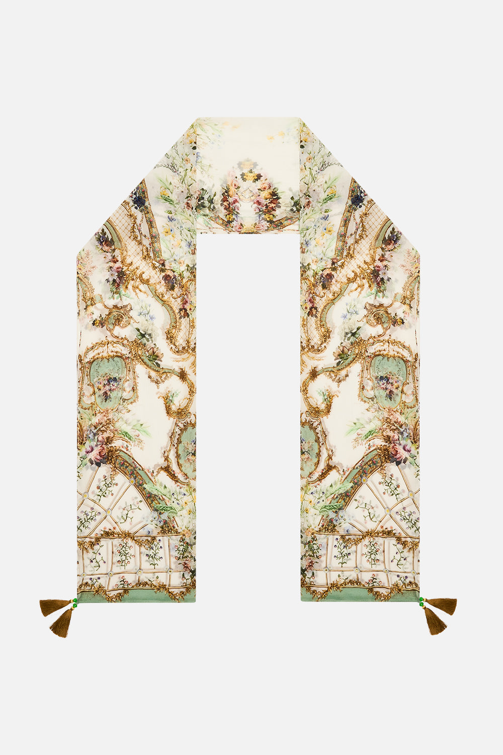 The CAMILLA Long Silk Crinkle Chiffon Scarf in our Dressing Room Drama print.