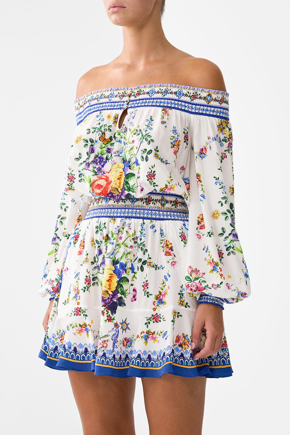 The CAMILLA Off Shoulder Short Dress in our Tiles Darls print.