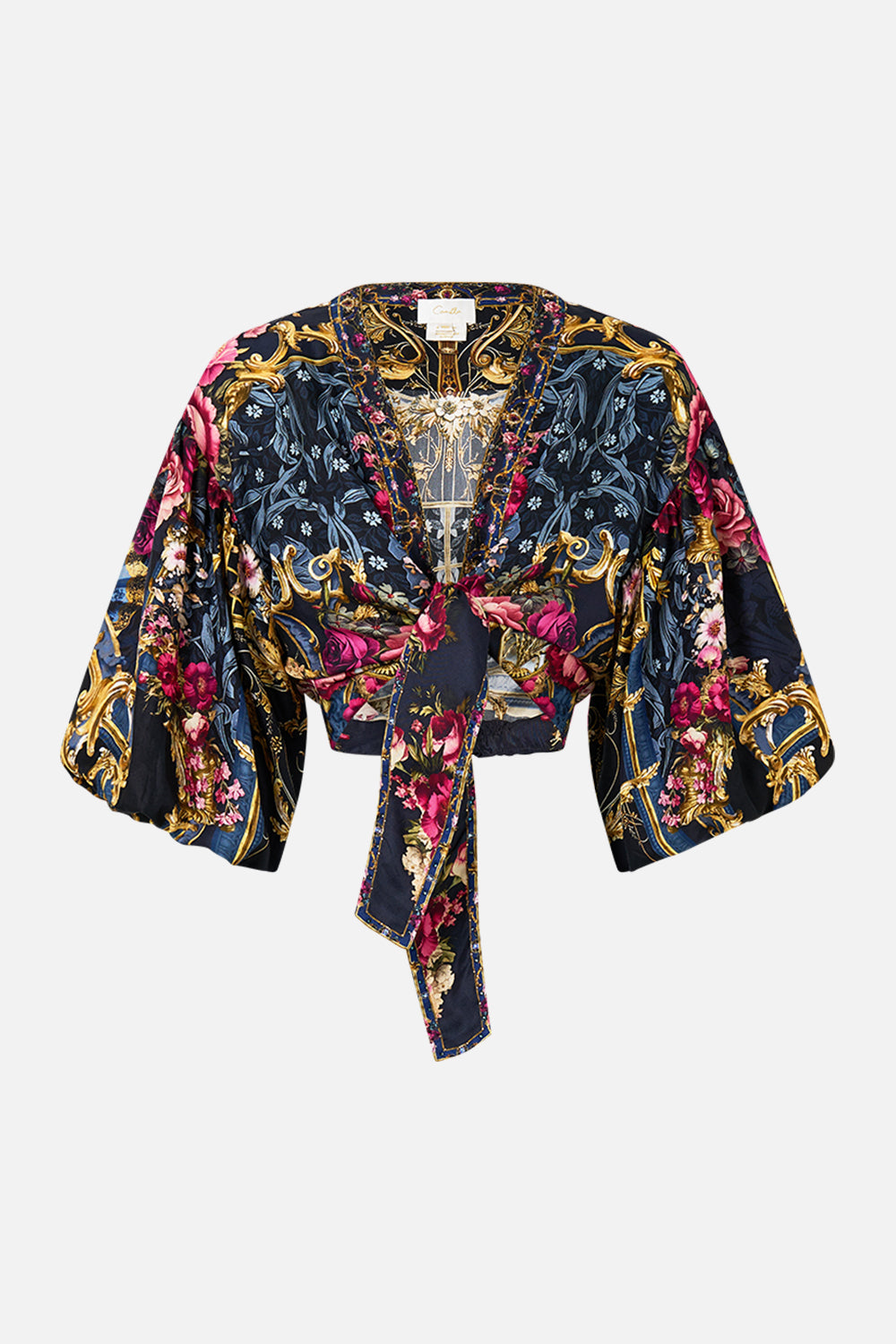 The CAMILLA Tie Front Puff Sleeve Top in our Ornate On A Plate print.