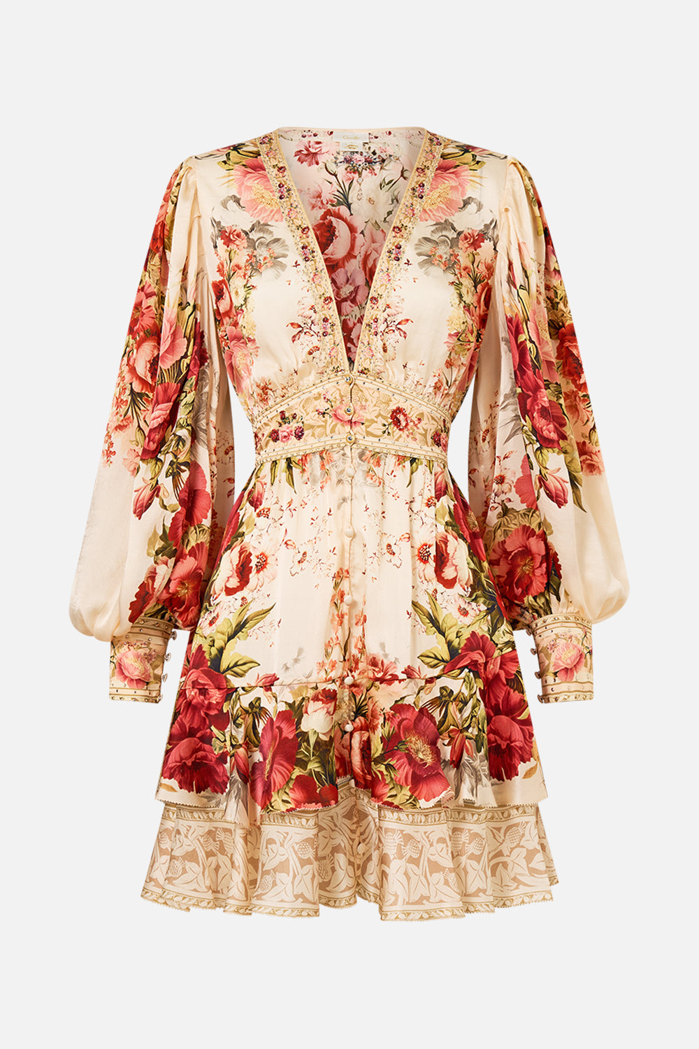 The CAMILLA Button Front Frill Dress in our Meet Me At The Majestic print.