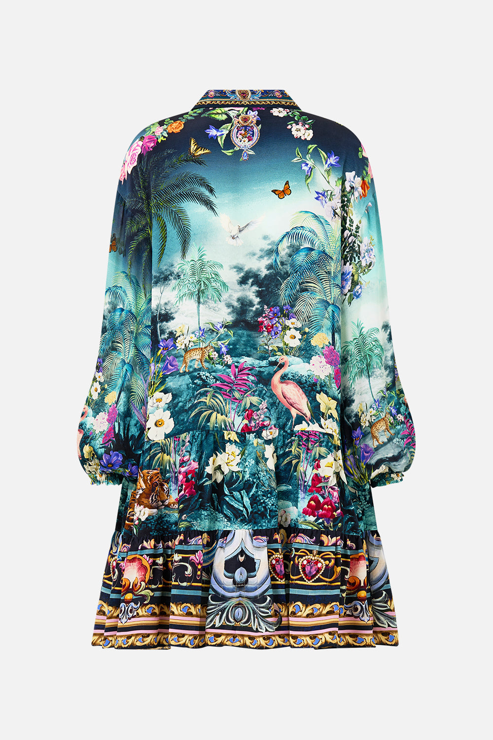 The CAMILLA Long Sleeve Tiered Short Dress in our Basked In Baroque print.