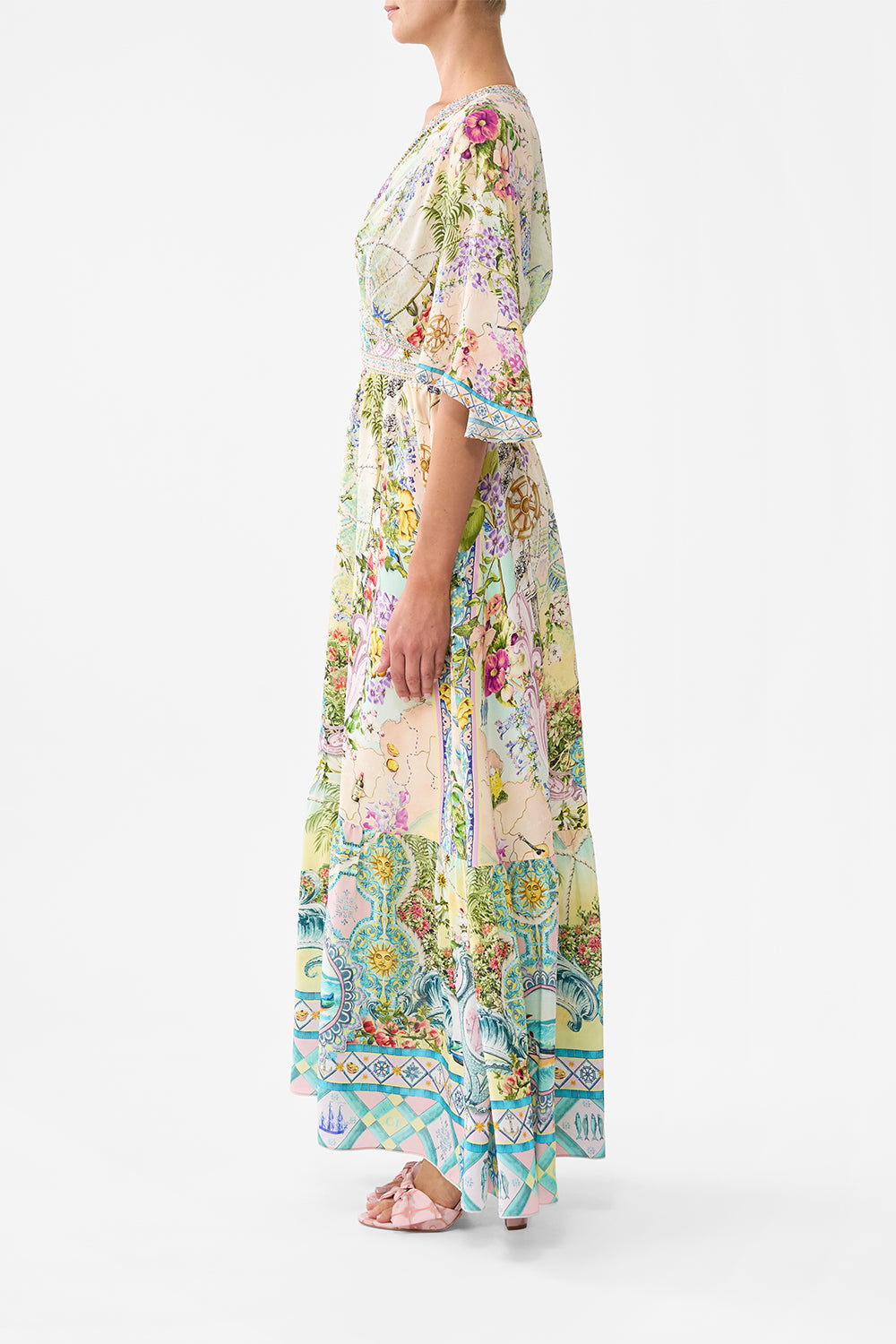 The CAMILLA Waisted Dress With Hem Ruffle in our Just Coasting print.