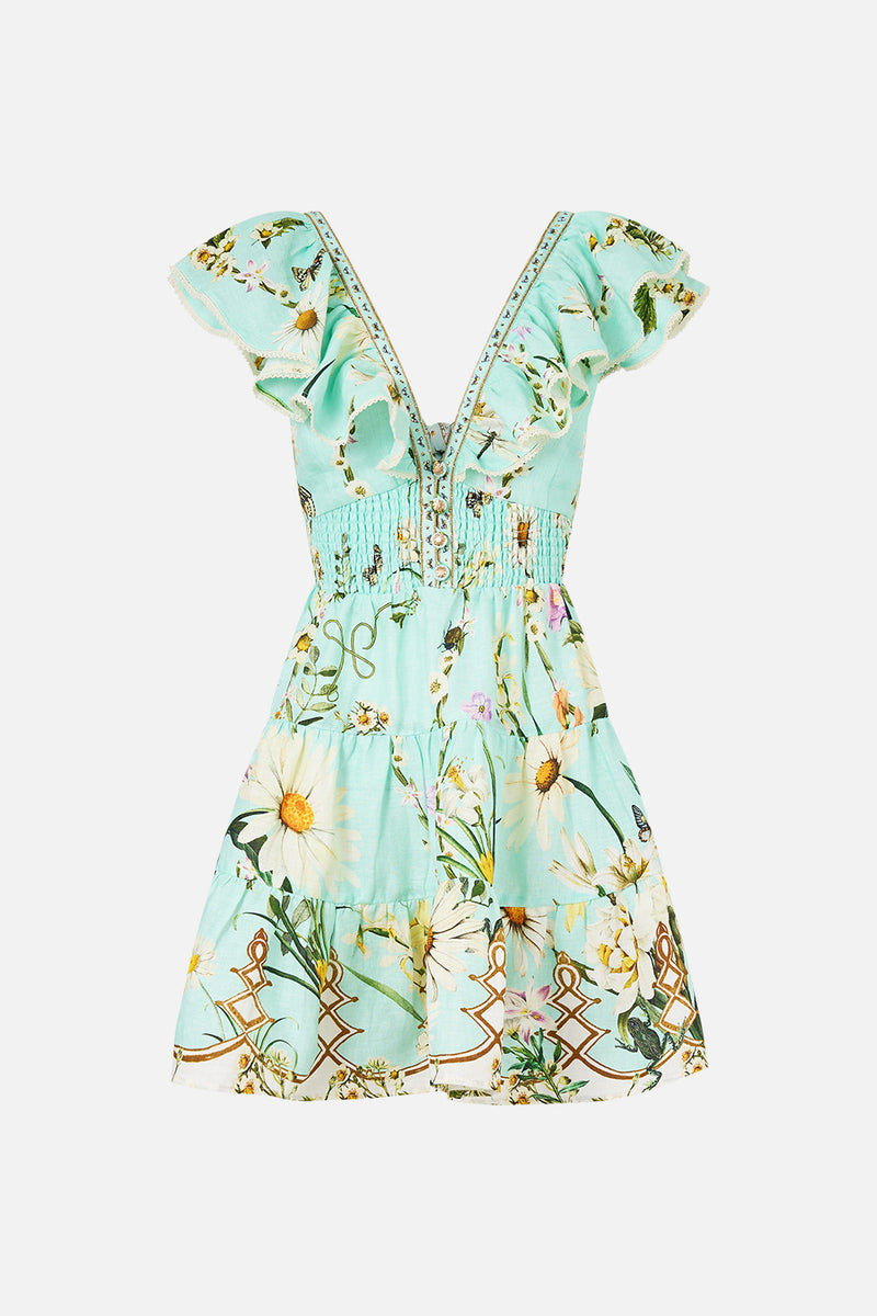 modern botanical print tiered short dress Women's Cream Modern Botanical Print Tiered Short Dress