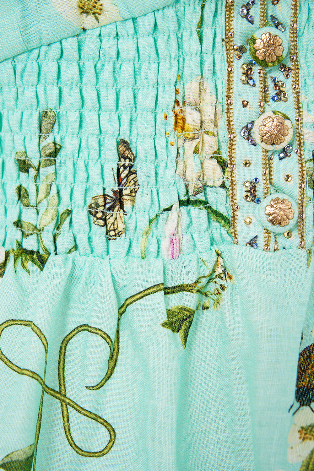 The CAMILLA Tiered Short Dress With Neck Frill in our Floral Freefall print.