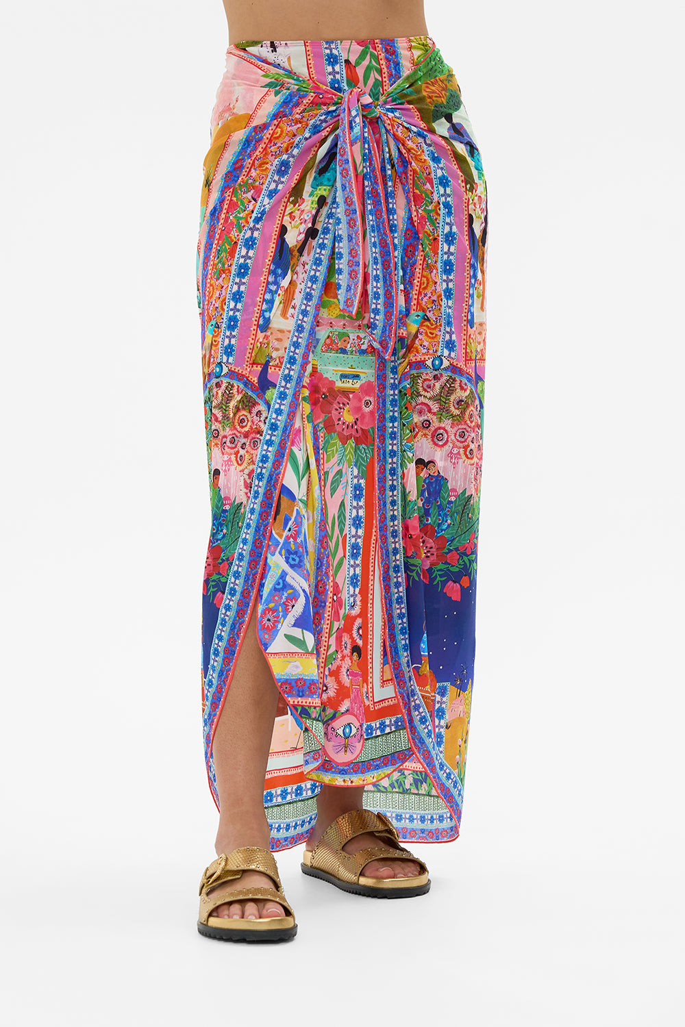 CAMILLA in Layered Long Sarong With Front Tie in Roeqiyas Realm print. 