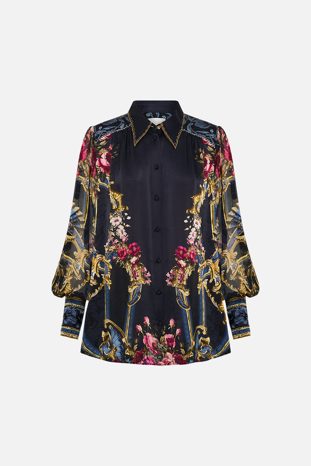 The CAMILLA Button Through Blouson Sleeve Blouse in our Ornate On A Plate print.