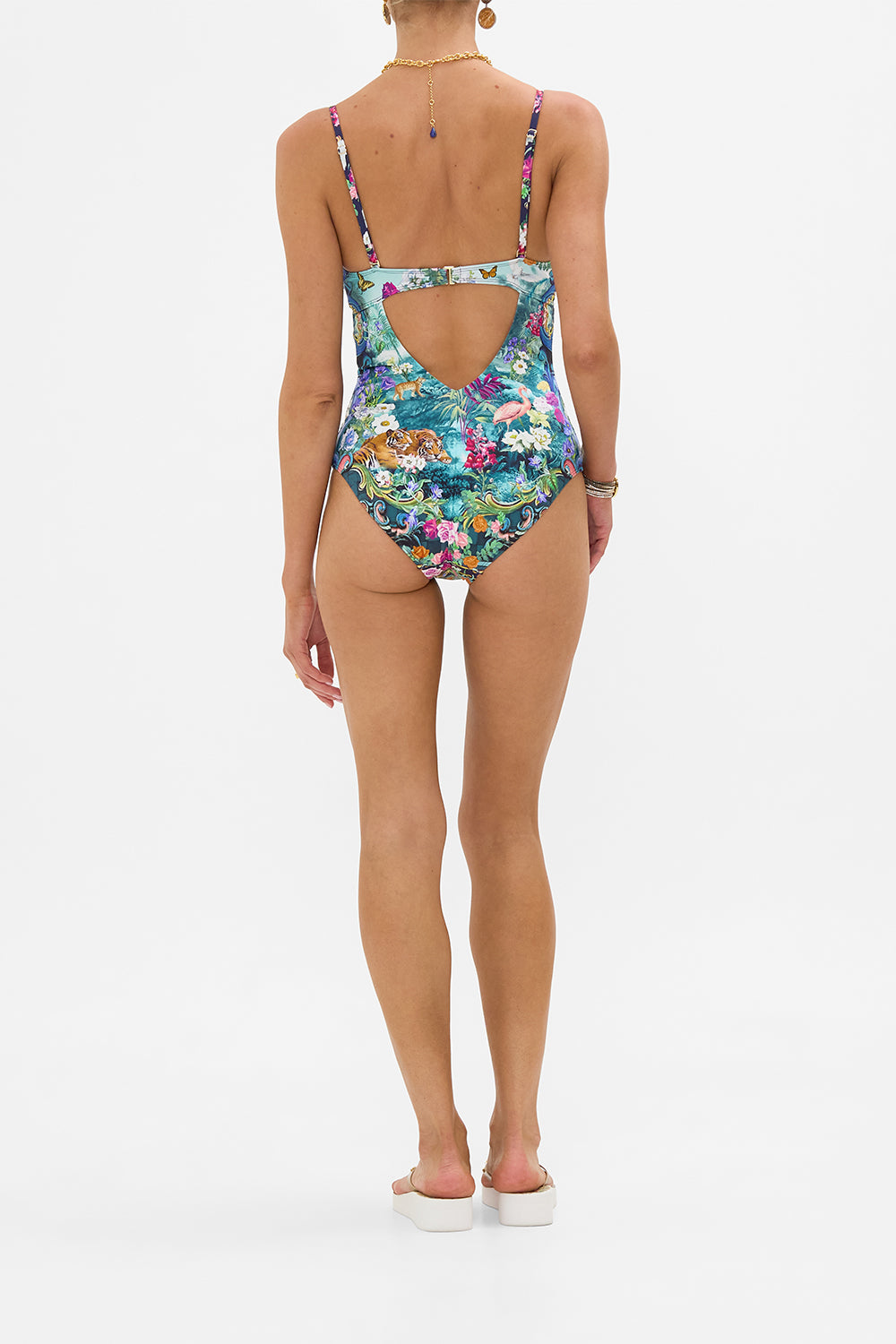 The CAMILLA V Neck Underwire One Piece With Back Clip in our Basked In Baroque print.