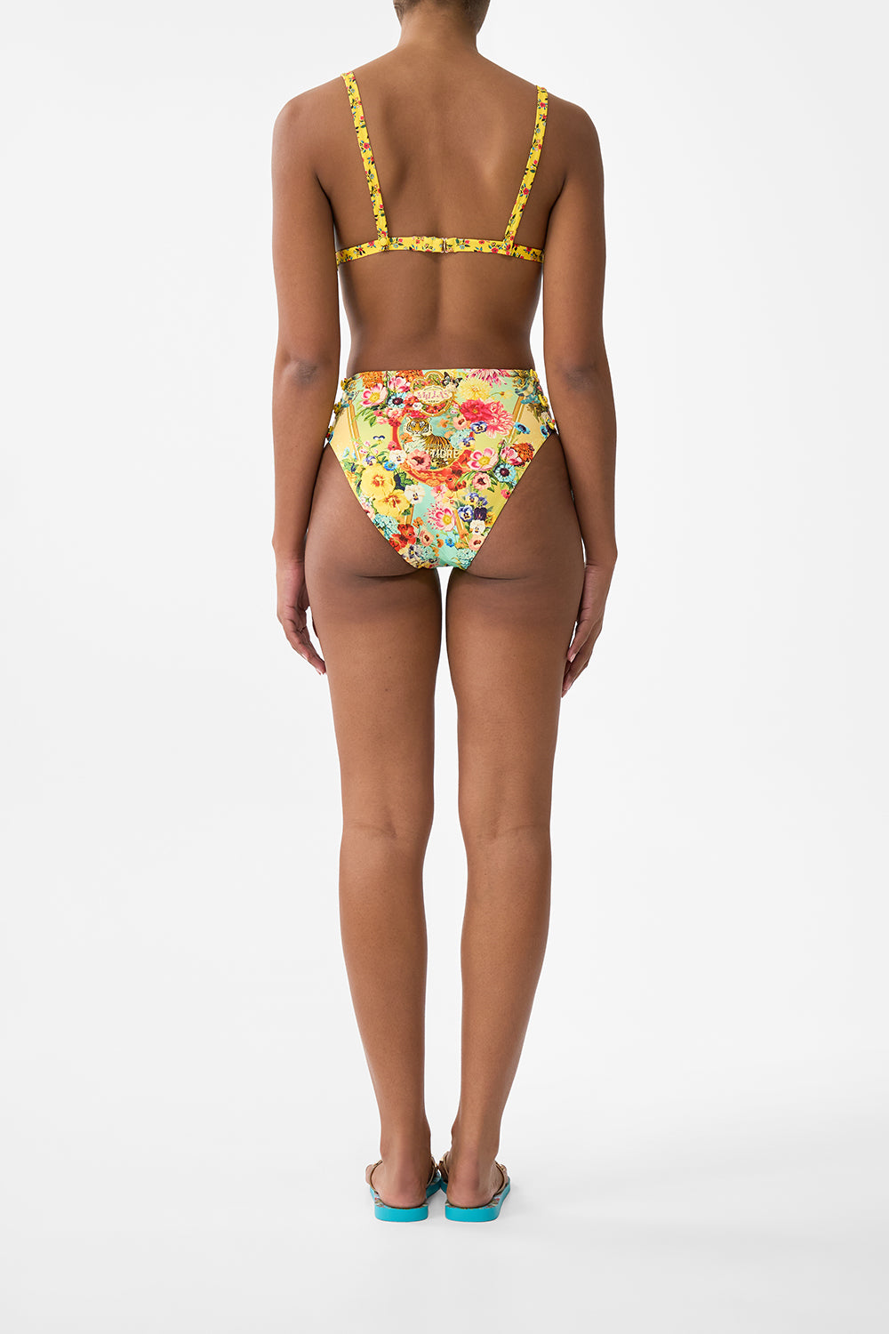 The CAMILLA Soft Underwire Bikini Top With Button Straps in our Aromatic Tiger Flower print.