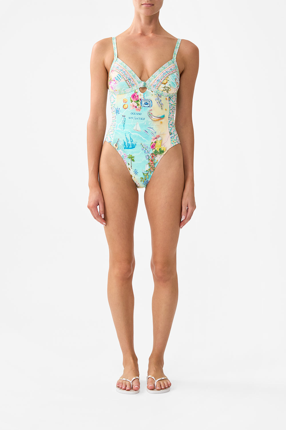 The CAMILLA Ruched Panelled Tri One Piece W Knot Front in our Just Coasting print.