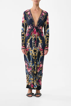 The CAMILLA Long V Neck Twist Front Jersey Dress in our Ornate On A Plate print.