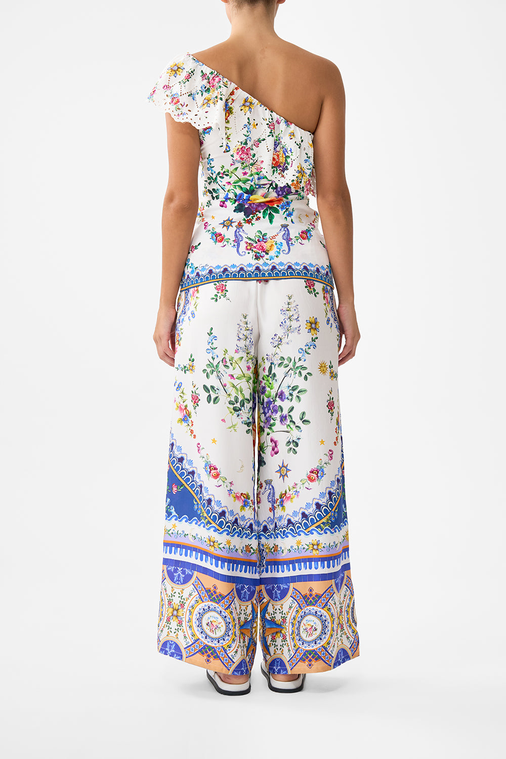 The CAMILLA One Shoulder Fitted Jersey Tank in our Tiles Darls print.