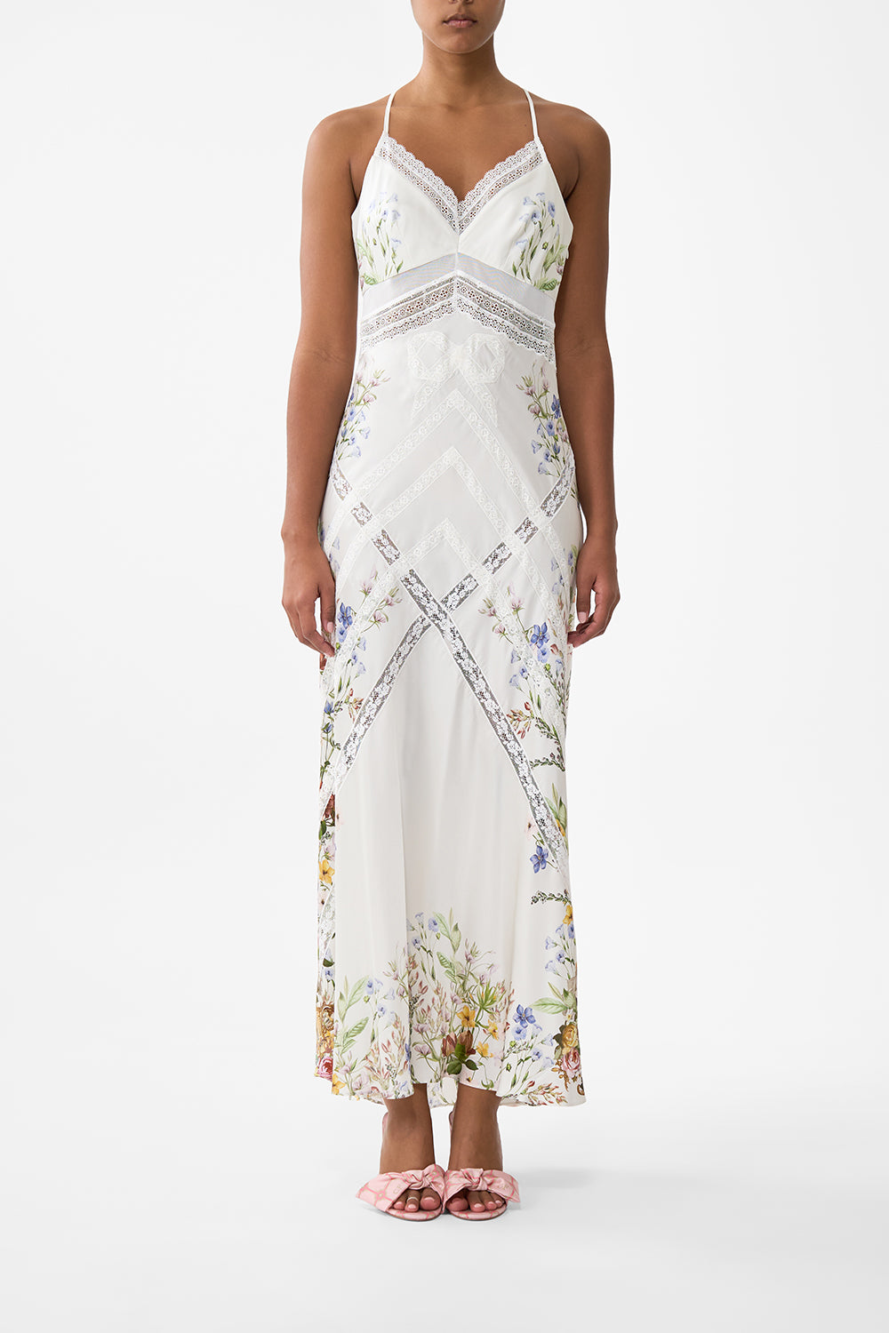 The CAMILLA Lace Splice Bias Long Dress in our Dressing Room Drama print.