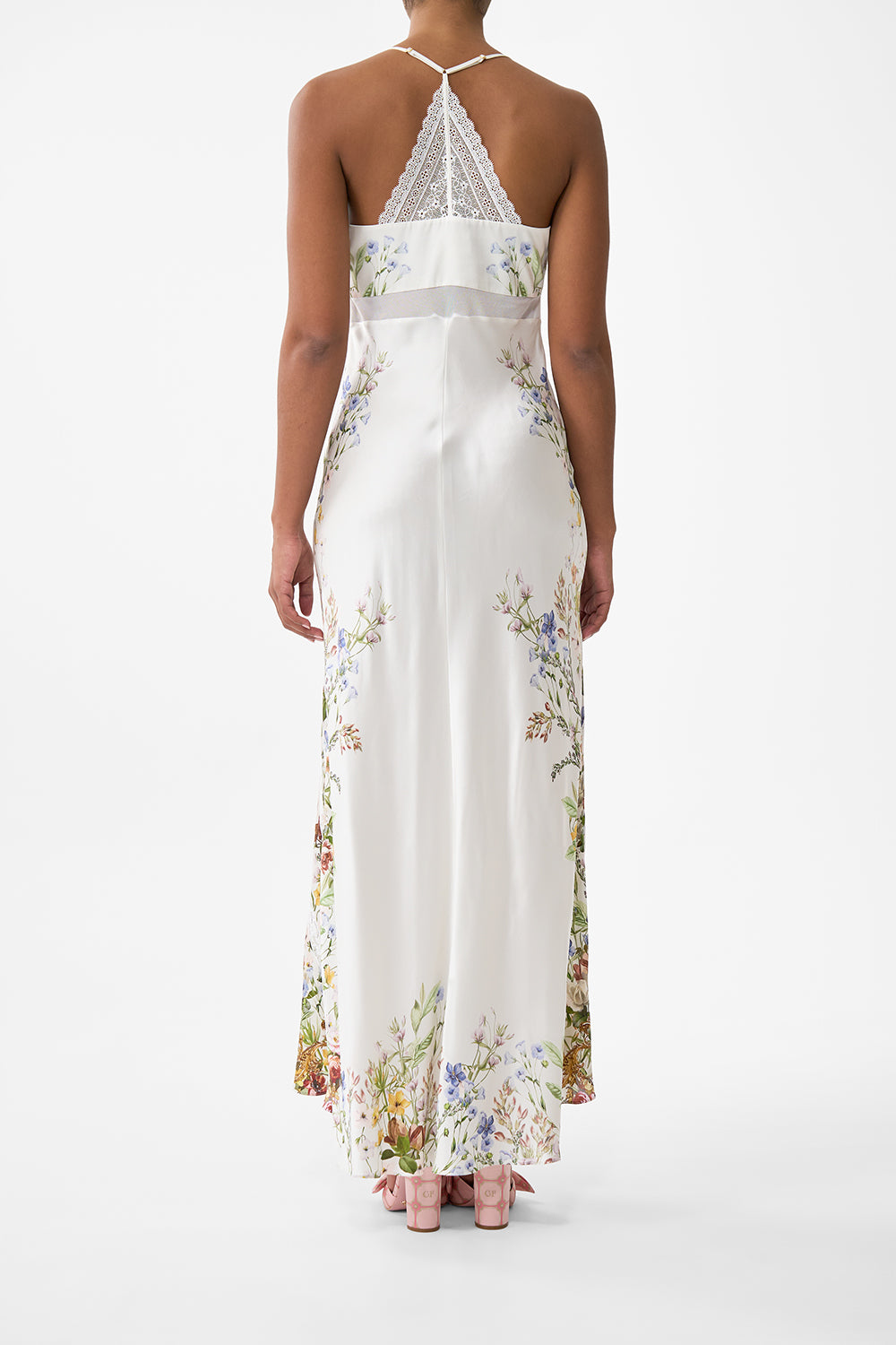 The CAMILLA Lace Splice Bias Long Dress in our Dressing Room Drama print.