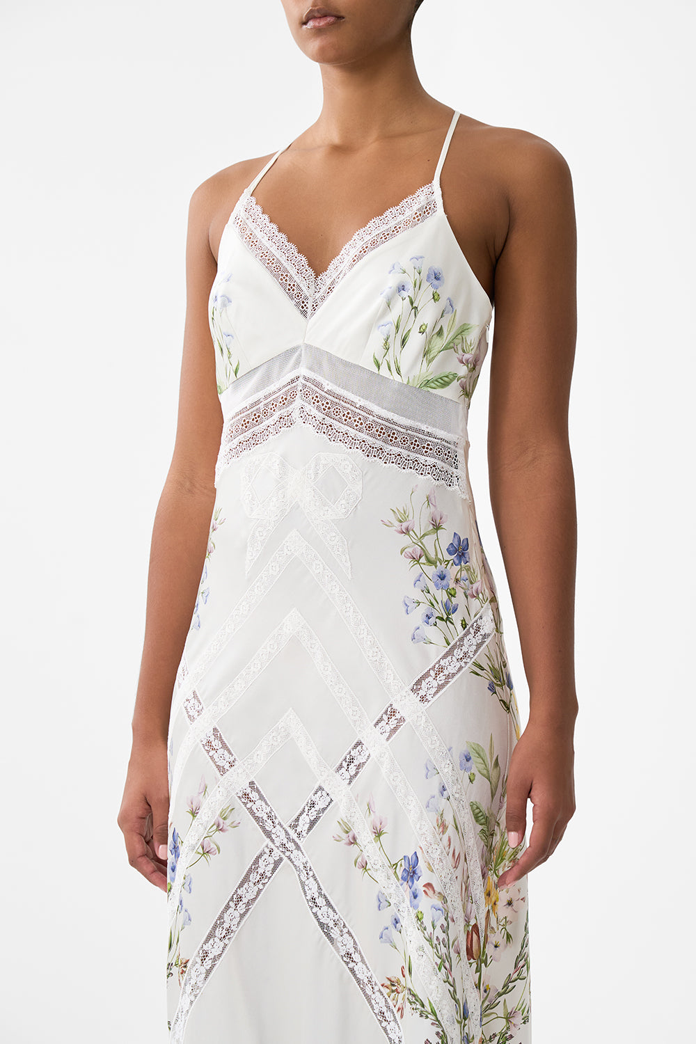 The CAMILLA Lace Splice Bias Long Dress in our Dressing Room Drama print.